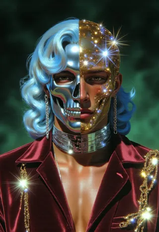 Male figure with wavy blue hair wearing a half chrome, half gold skull mask, metallic collar, red velvet shirt and sparkling chains under dramatic lighting.