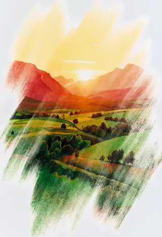 一幅細膩的鉛筆畫風景，描繪在溫暖黃昏的夕陽下綠野與紅山，色彩鮮明並帶有電影燈光效果。