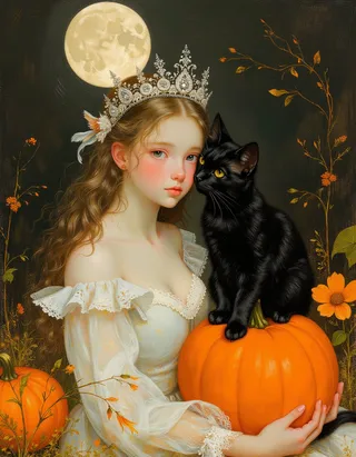 A whimsical digital painting of a pale princess wearing a jeweled crown, holding a large orange pumpkin with a black cat perched on it, set against a dark background with a full moon and autumnal foliage.