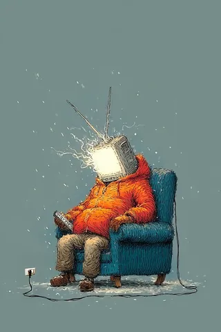 Seated figure in an orange jacket with a television for a head glowing brightly, holding a remote and sitting in a blue armchair.