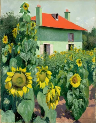 Oil painting of bright yellow sunflowers in full bloom before a green house with a vivid red roof under a gentle daylight sky.