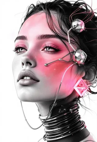 A stylized charcoal portrait of a woman with soft pink watercolor highlights and futuristic metallic accessories including geometric earrings and a layered choker.