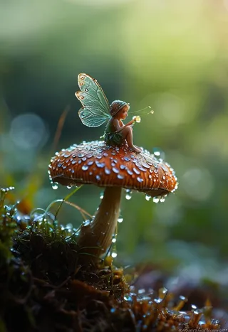 A tiny fairy with translucent wings sits delicately on a mushroom covered with dew drops reflecting morning light in a macro photography style.
