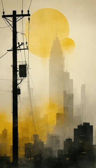 Abstract cityscape illustration with towering buildings in shades of black, yellow, and gold, featuring a prominent black utility pole with wires in the foreground.