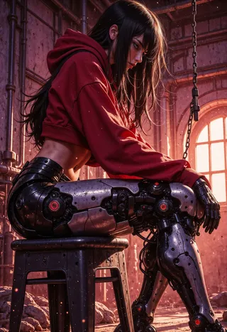 Side view of a cybernetic woman with long black hair wearing a red cropped hoodie, seated on a dark metal stool in an industrial room with mechanical robotic limbs and moody lighting.