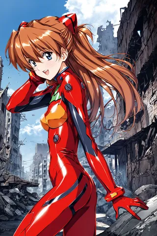 Asuka Langley wearing a red plugsuit stands confidently with a smile in a science fiction post-apocalyptic ruined city background.