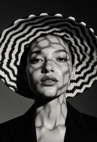 Black-and-white portrait of a woman wearing a wide-brimmed hat with zigzag patterns casting intricate shadows on her face and neck, creating a high-contrast artistic effect.