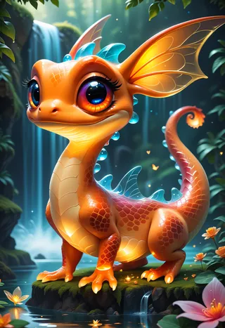 A vibrant translucent glass dragon frog with glowing lights and magical sparkles, standing on a mossy rock near a waterfall surrounded by flowers.