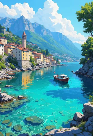 Beautiful village at Lago di Como, Italy, with clear turquoise water, rocky shore, a small boat in the water, and mountains in the background under a bright blue sky.