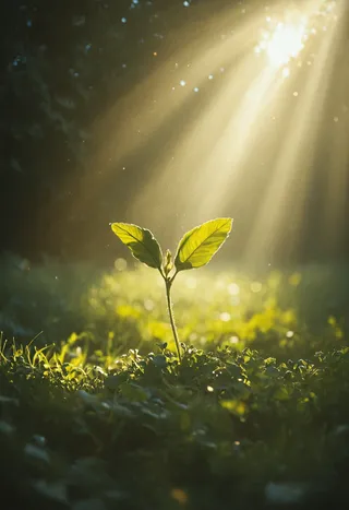 A single green sprout emerging from fertile soil illuminated by warm, soft morning sunlight with dewy ground and a blurred natural background.
