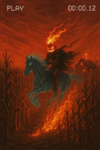 A spectral horse gallops through a burning cornfield under a blood-orange sky, ridden by a figure with a flaming pumpkin head throwing fire trails that ignite corn stalks; a farmhouse with a glowing neon cross stands in the distance.