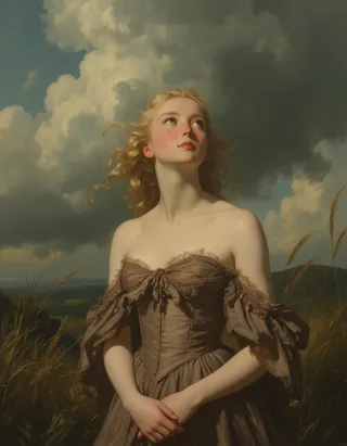 A Victorian girl in a corseted brown dress stands with her hands gently clasped, gazing up at dark storm clouds under diffused golden sunlight in a windswept field.