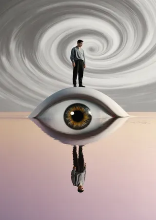A man stands on a giant eye-shaped platform hovering over a mirrored lake, with a swirling whirlpool sky in surreal gray and pink gold tones.