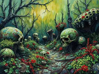 A surreal, dark fantasy garden filled with oversized skulls intertwined with roots and vibrant, fragile flowers under a gloomy sky.
