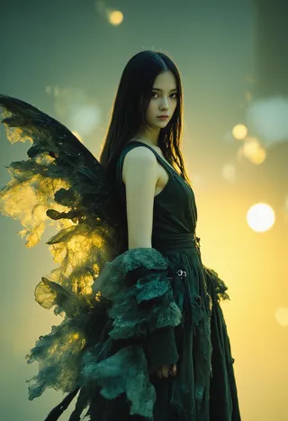 Model in a dark green owl-inspired outfit featuring feathery textures and flowing fabrics under soft golden and emerald studio lighting.