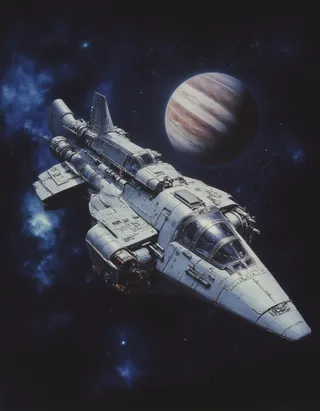 Grey detailed spaceship with pipes flying through deep space with Saturn visible in the background under a cinematic 80s fantasy movie style.