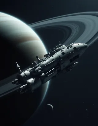 Grey detailed spaceship flying through deep space with Saturn and its rings in the background, showcasing many pipes and components.