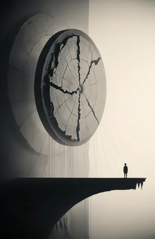 A monochromatic sepia-toned scene with a large cracked circular structure suspended behind a solitary figure standing on a fragile platform.