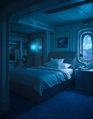 A cinematic interior of a spaceship bedroom with a blue planet visible through an oval window, featuring a bed with pillows, a closet door, metal desk, office chair, and deep blue carpet.