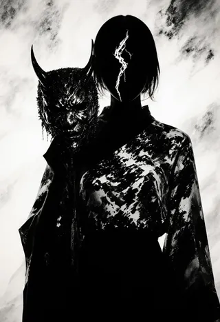 Fashion portrait of a figure with a black, featureless Vantablack-like face cracked down the middle, holding a detailed Japanese Oni mask, wearing a patterned top with diagonal black and white designs, set against a softly textured white and gray background.