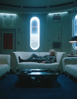 Interior of a spaceship living room featuring futuristic white sofas, a dark blue carpet, and a tall pill-shaped window showing deep space, with a middle-aged blonde commander in grey commando attire lounging on a sofa.