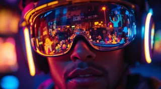 Close-up of a person wearing glowing headphones with a vivid reflection of 90s video games and childhood cartoons in the visor, bathed in warm golden and cool blue light.