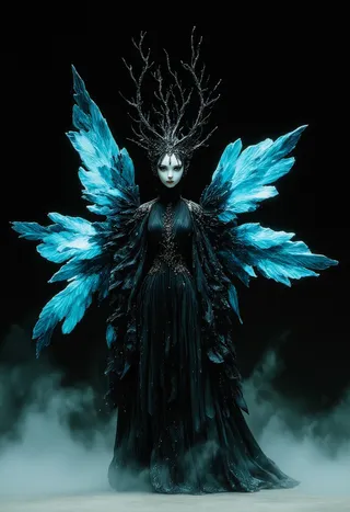 A mystical model wearing a black flowing dress with large iridescent blue raven wings, and a dark antler crown, standing amid mist on a black background.