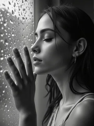 Black and white photorealistic close-up portrait of a woman touching a rain-covered window, with detailed facial features and wet hair