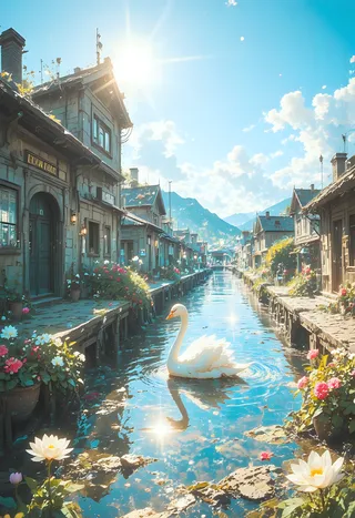 A photorealistic and idyllic quayside scene with rustic houses, glowing tulips and carnations in pots, a white swan swimming in turquoise water, sunlight sparkling on the canal, and a bright blue sky with clouds.