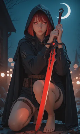 Female warrior with red hair, glowing red eyes kneeling barefoot at night holding a glowing red sword, wearing a hooded cloak under a crescent moon.