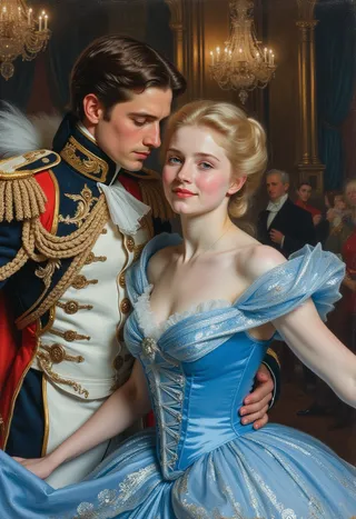 Cinderella with glowing blue Victorian dress dancing a waltz with a prince in Victorian military uniform inside a grand castle ballroom.