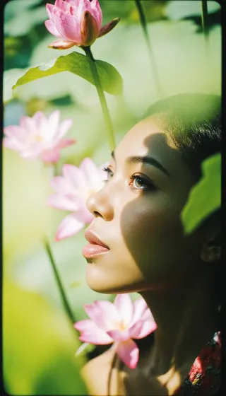 Profile portrait of a serene black woman looking slightly up, surrounded by vibrant pink water lilies and green leaves in soft vintage beige and green tones with film grain texture.