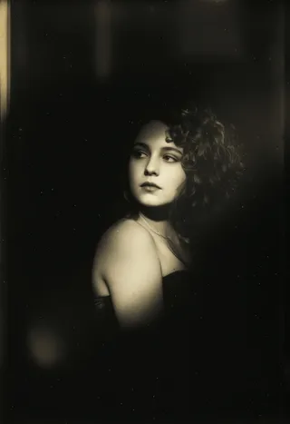 Black and white portrait of a woman with curly hair, styled and posed like a 1920s silent movie actress in a vintage glamorous setting.