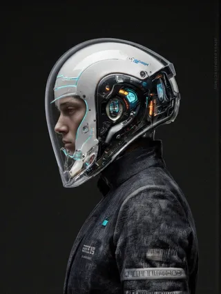 Side profile of a person wearing a photorealistic futuristic white helmet with glowing blue lines and mechanical details, dressed in a dark cybernetic suit.