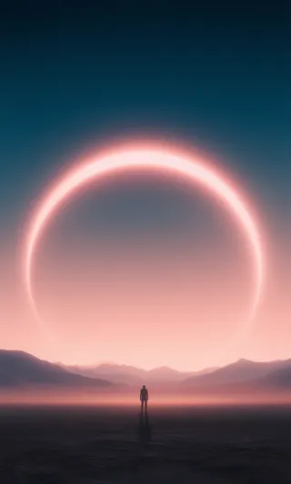 A solitary figure stands in a vast alien desert under a glowing pink-orange crescent moon against a darkening sky with distant mountains and cinematic lighting.