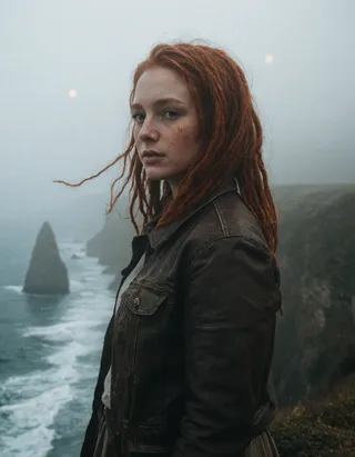 Portrait of a woman with red dreadlocks and freckles wearing a leather jacket standing on a fog-shrouded cliff edge overlooking misty ocean waves.
