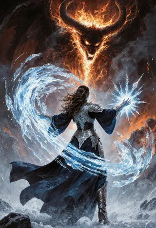 Back view of a frost mage conjuring swirling icy magic and shards, standing defiantly on a frozen battlefield facing a towering fiery horned demon.