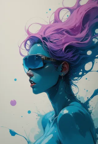 Watercolor-style portrait of a woman with blue skin and flowing purple hair wearing futuristic sunglasses on a pale background