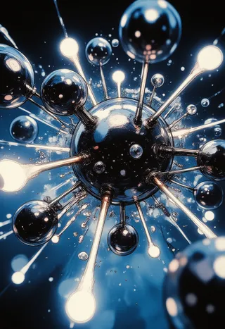 A dark, moody watercolor-style illustration of a molecular structure viewed from a low angle, featuring interconnected transparent spheres with glowing lines on a blue gradient background.