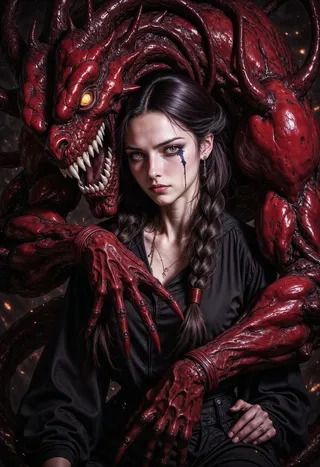 A fantasy woman with pale skin and braided dark hair is embraced by a large menacing red creature with glowing yellow eyes and sharp teeth, set against a dark background.