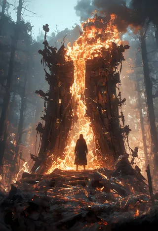 A figure cloaked in shadow stands before a towering wooden gate engulfed in bright flames in an ancient, misty forest, surrounded by burning embers and charred trees.