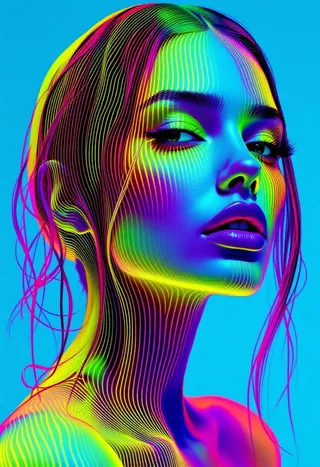 Vibrant pop art portrait composed of ultra-fine parallel contour lines in electric pink, cyan, yellow, and magenta, flowing smoothly across the face and hair against a bright blue background.
