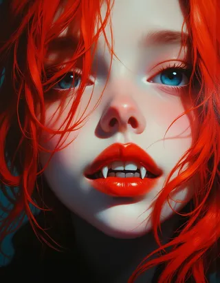 Close-up hyper-realistic portrait of a gothic young girl with vivid red hair, enchanted blue eyes, and sharp vampire fangs, painted in a Rembrandt oil style.