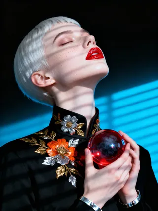 Ultra-realistic digital portrait of a pale woman with a sharp boy cut and red glitter lipstick holding a transparent red orb, wearing an ornate black garment with floral embroidery under dramatic light bands.