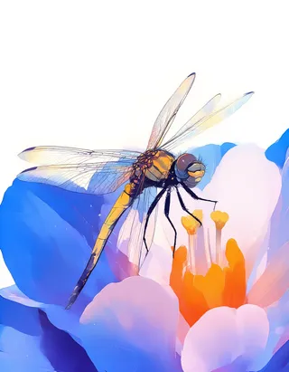 A close-up view of a dragonfly perched delicately on a vibrant blue and orange flower, showing translucent wings with iridescent detail and a metallic-hued body.