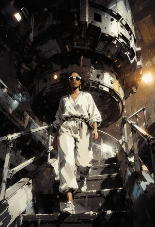 Illustration of a young african woman wearing sunglasses and white casual clothes descending stairs inside a massive dark cyberpunk spaceship interior with dramatic lighting and watercolor style.