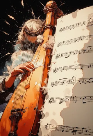 Detailed watercolor and ink illustration of a hand playing a harp with musical notes flying out, blending into a starry night sky, with rustic orange and dusty blue tones.