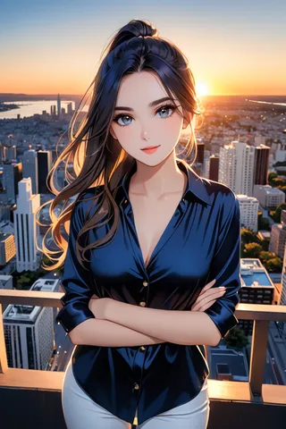 A half-body anime-style illustration of a gorgeous girl with dark blue hair in a long ponytail wearing a black silk blouse standing in front of a cityscape sunset with cinematic lighting and vibrant colors.