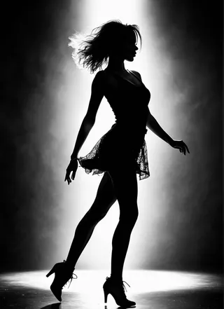 High contrast black and white silhouette of a full body girl dancing, with side lighting highlighting her flowing hair and lace skirt against a dark background.