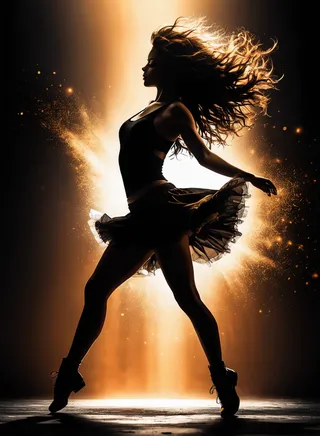 Silhouette of a dancing girl with messy hair illuminated by red and ocher side lighting, set against a black background with bokeh effects.